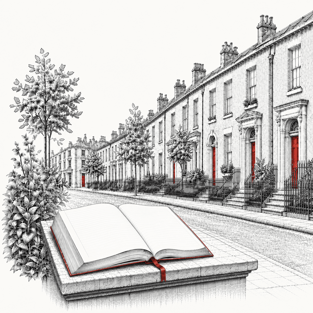 Engraved illustration of an open ledger on a kerb in front of English terraced houses, with a faint registry-red thread to each front door.
